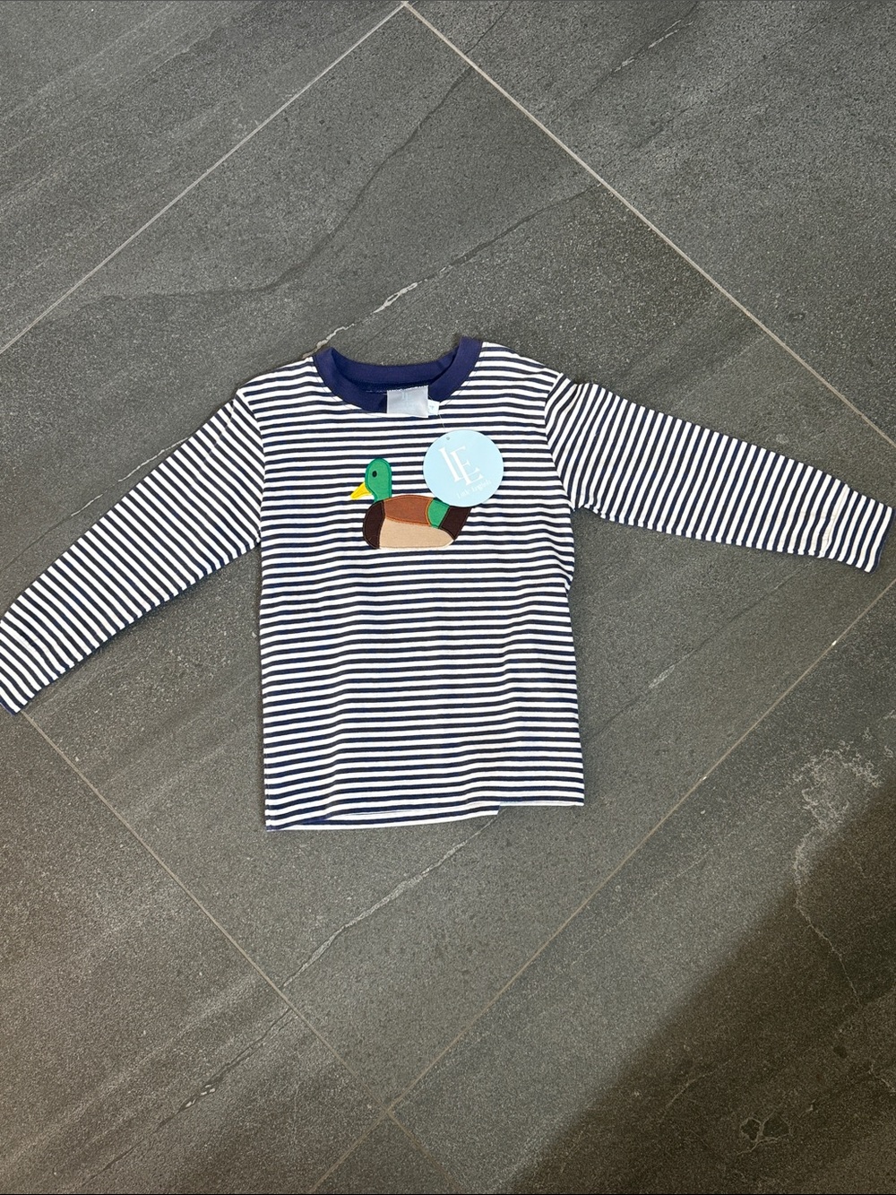 Little English Navy and White Striped Duck Appliqué Long-Sleeve Tee